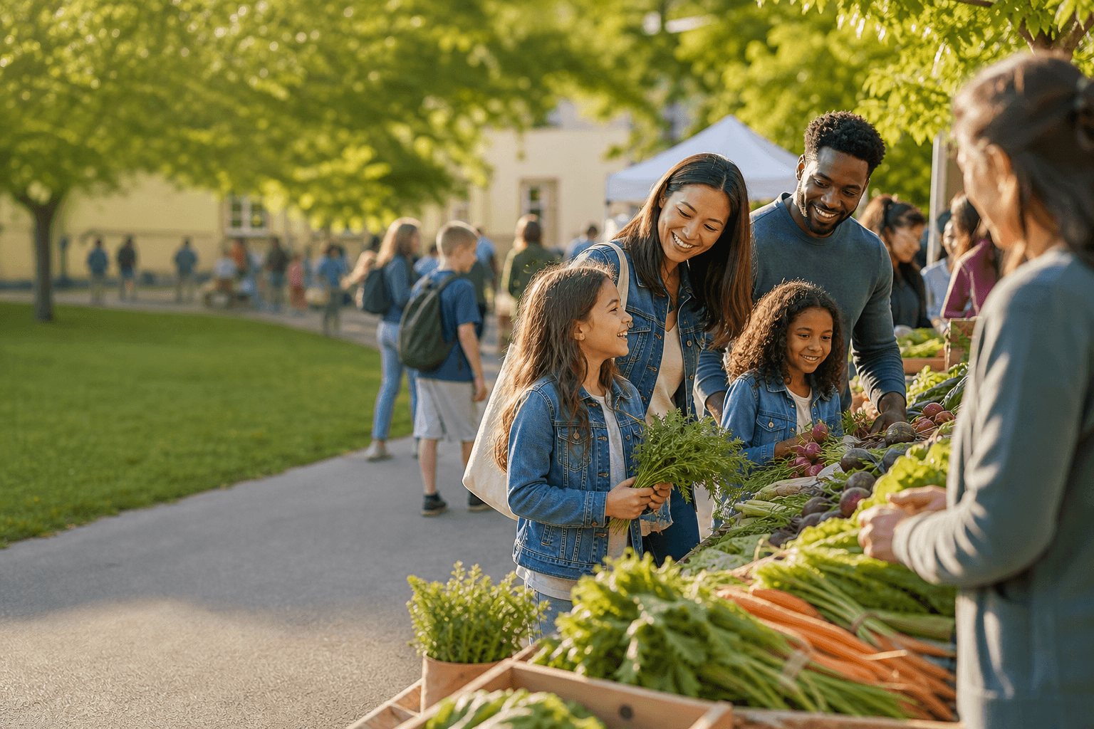 Families browsing a school fundraiser market