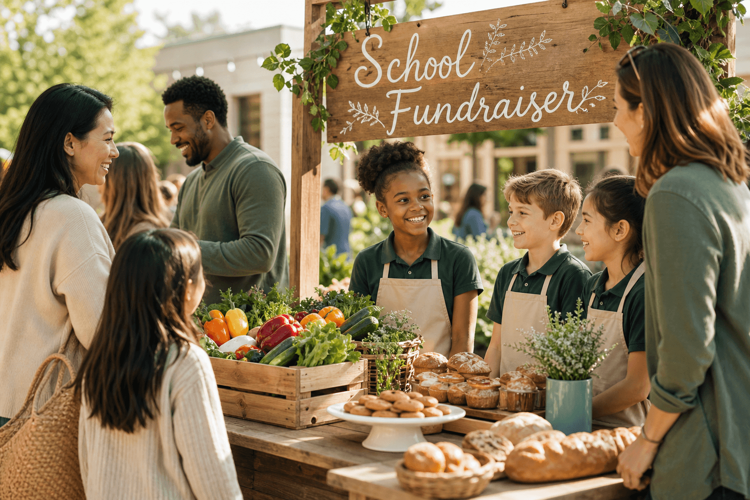 Students and families at a school fundraiser stand